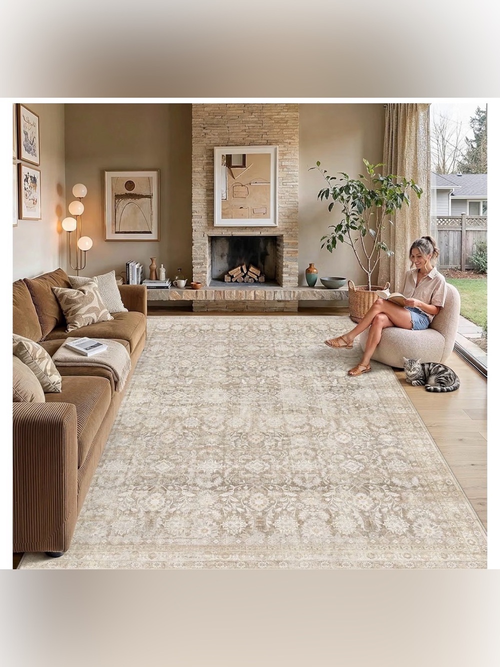 8x10 Beige Washable Area Rug for Living Room
